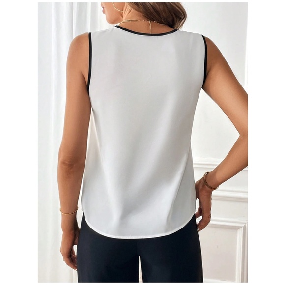 White Blouse Black Trim V-Neck Sleeveless Blouse Office Top Shirt - Picture 5 of 7